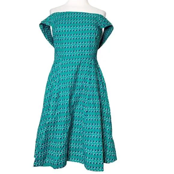 Emily and Fin Teal and Navy Sailboat Off-Shoulder Dress - Picture 3 of 6